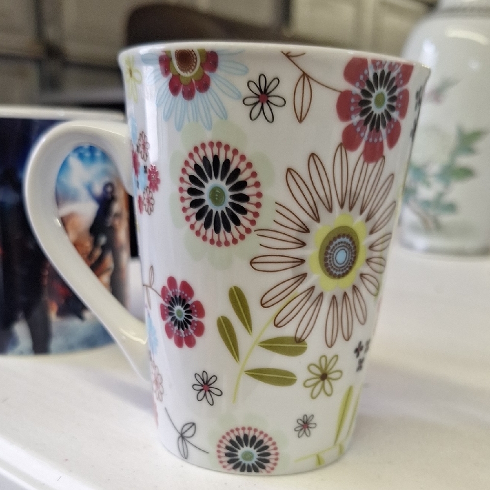 White and Red Floral Mugs for Dining